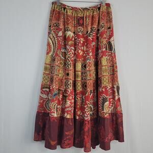 Notations Mixed Floral Print Tiered Maxi Peasant Skirt sz M Red Multi Boho Artsy